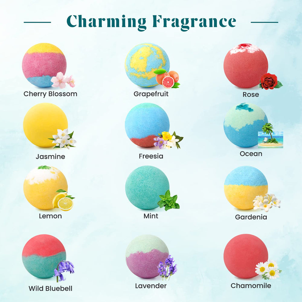 ZenBombs overhead view of all 12 bath bombs — helps choose preferred fragrance