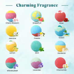 ZenBombs overhead view of all 12 bath bombs — helps choose preferred fragrance