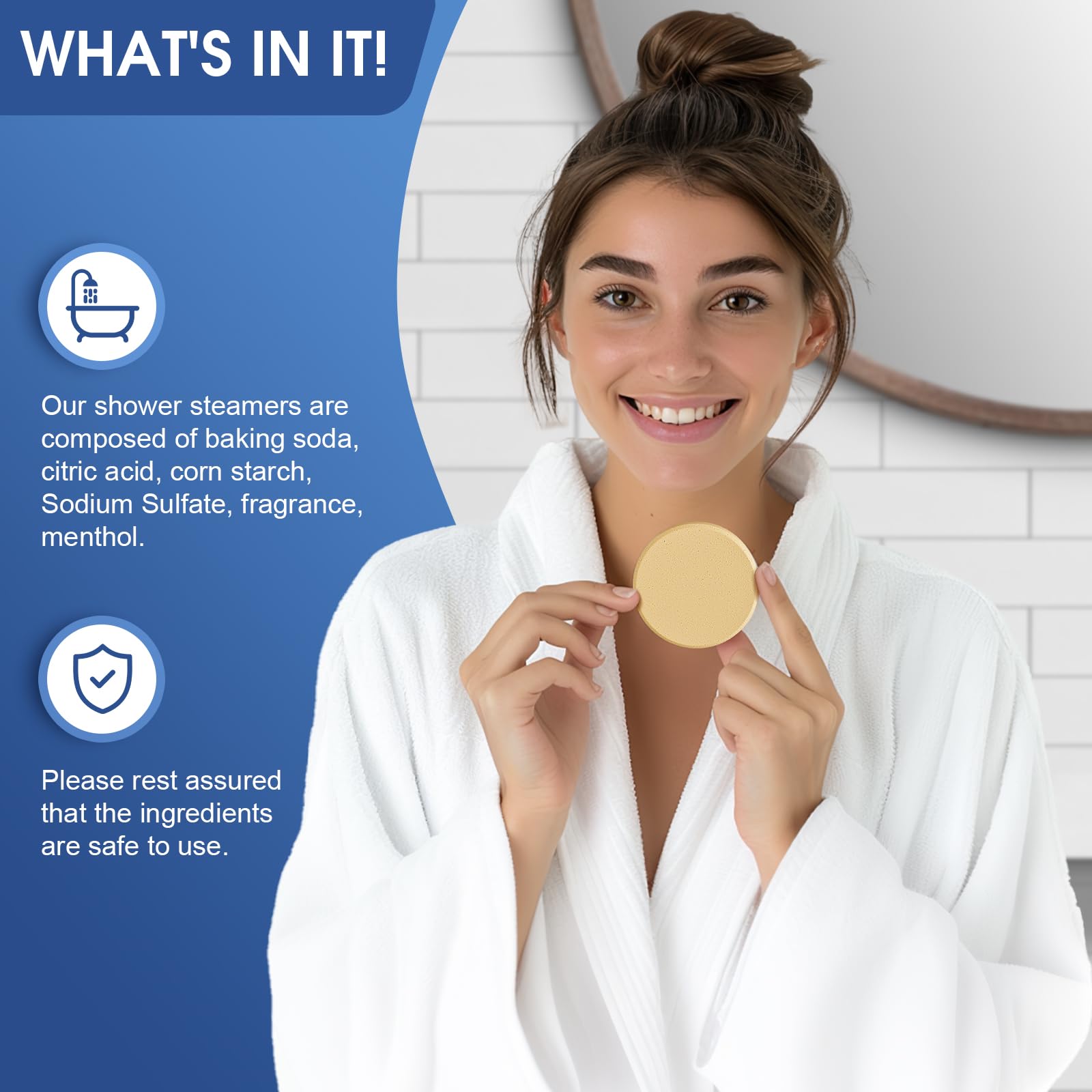 ZenBombs steamer placed on shower floor releasing steam for aromatic shower benefit