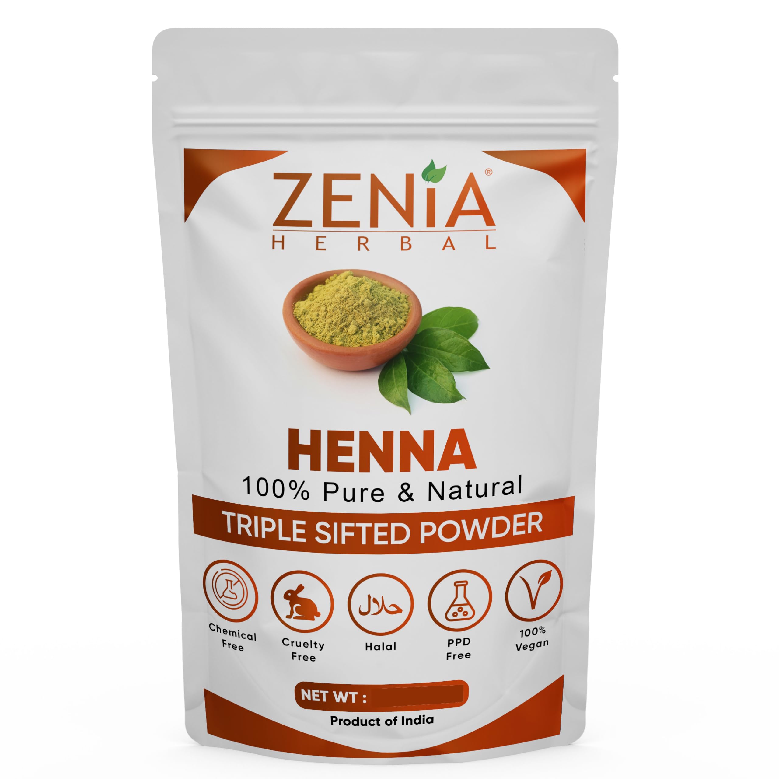 Zenia front packaging 908g showing pure henna and benefits