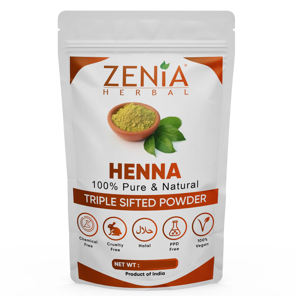 Zenia front packaging 908g showing pure henna and benefits