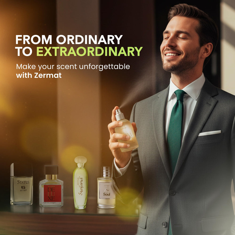 Zermat perfume with small pouch illustrating easy travel storage