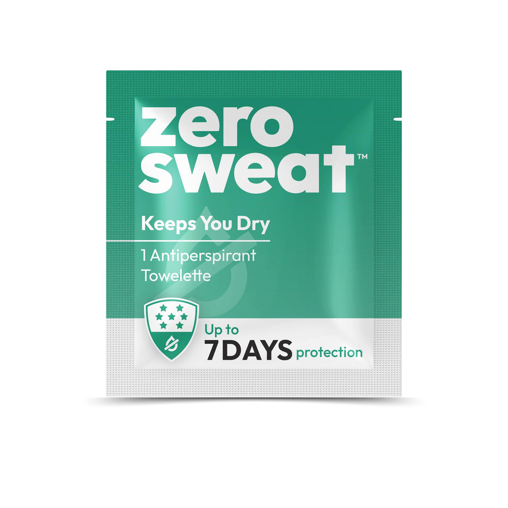 ZeroSweat wipe in hand applying to underarm showing quick application benefit