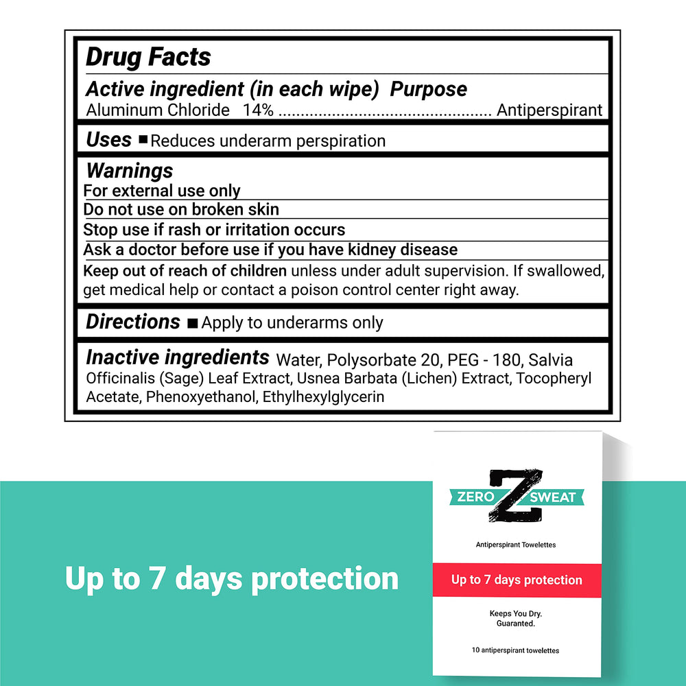 ZeroSweat single open wipe displayed for size and saturation benefit