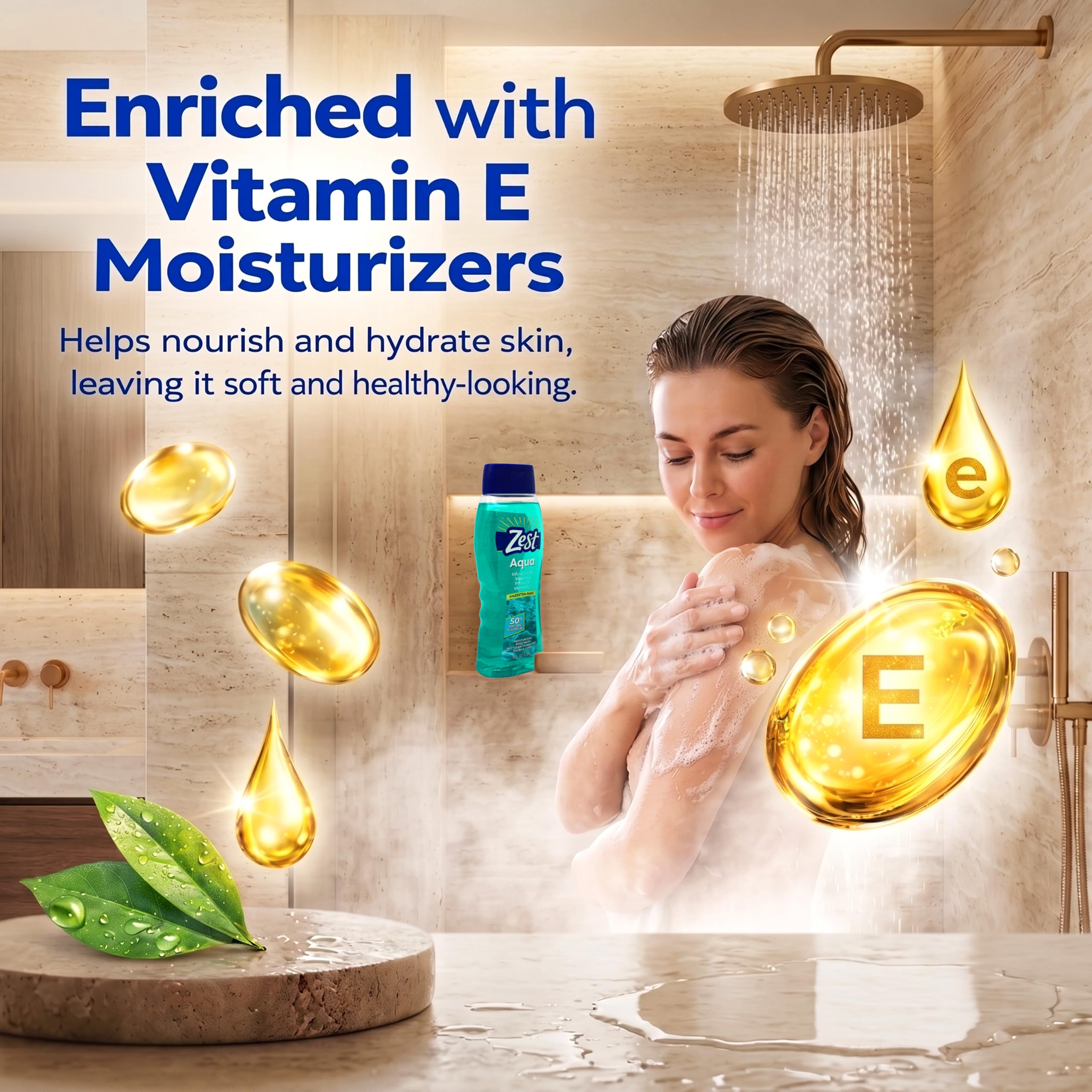 Zest bottle on shower shelf illustrating everyday bathroom use
