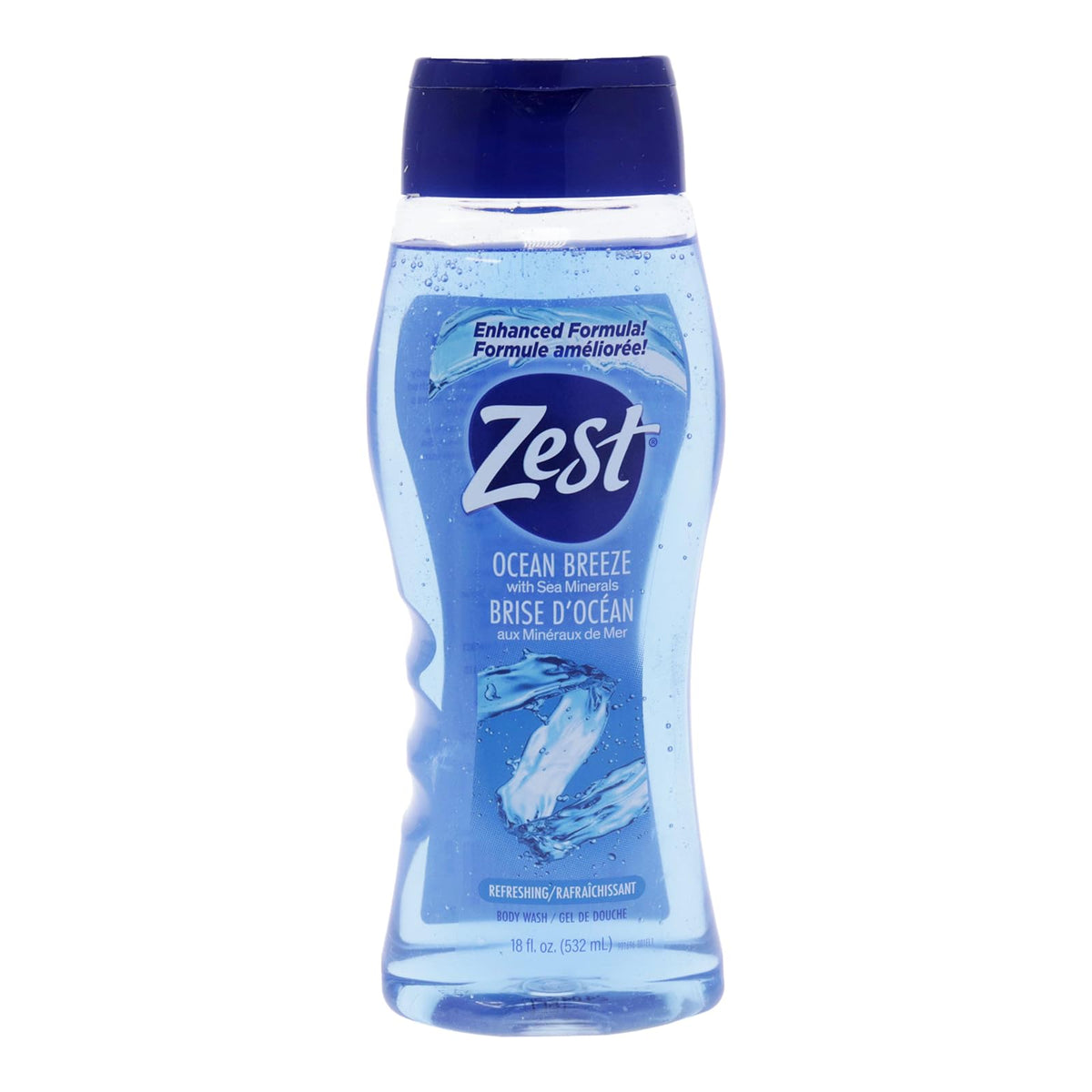 Zest front packaging showing 18 oz bottle and ocean breeze scent, energizes shower routine