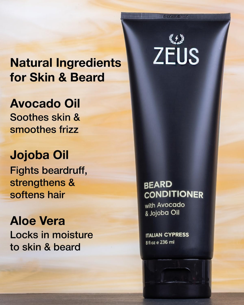 ZEUS close-up of ingredient list and icons, confirms nourishing aloe and oils