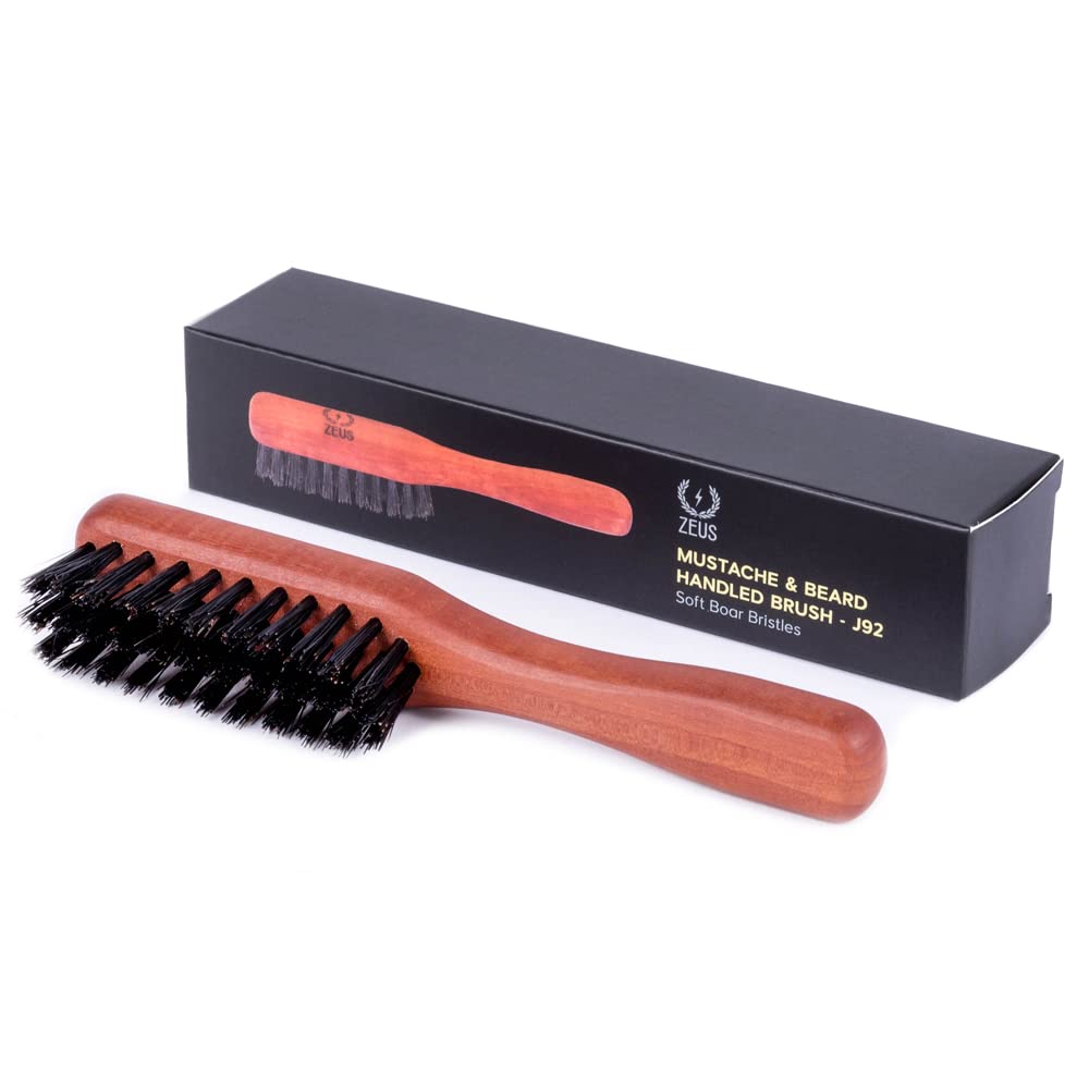 ZEUS front view of handled beard brush shows ergonomic grip and neat finish