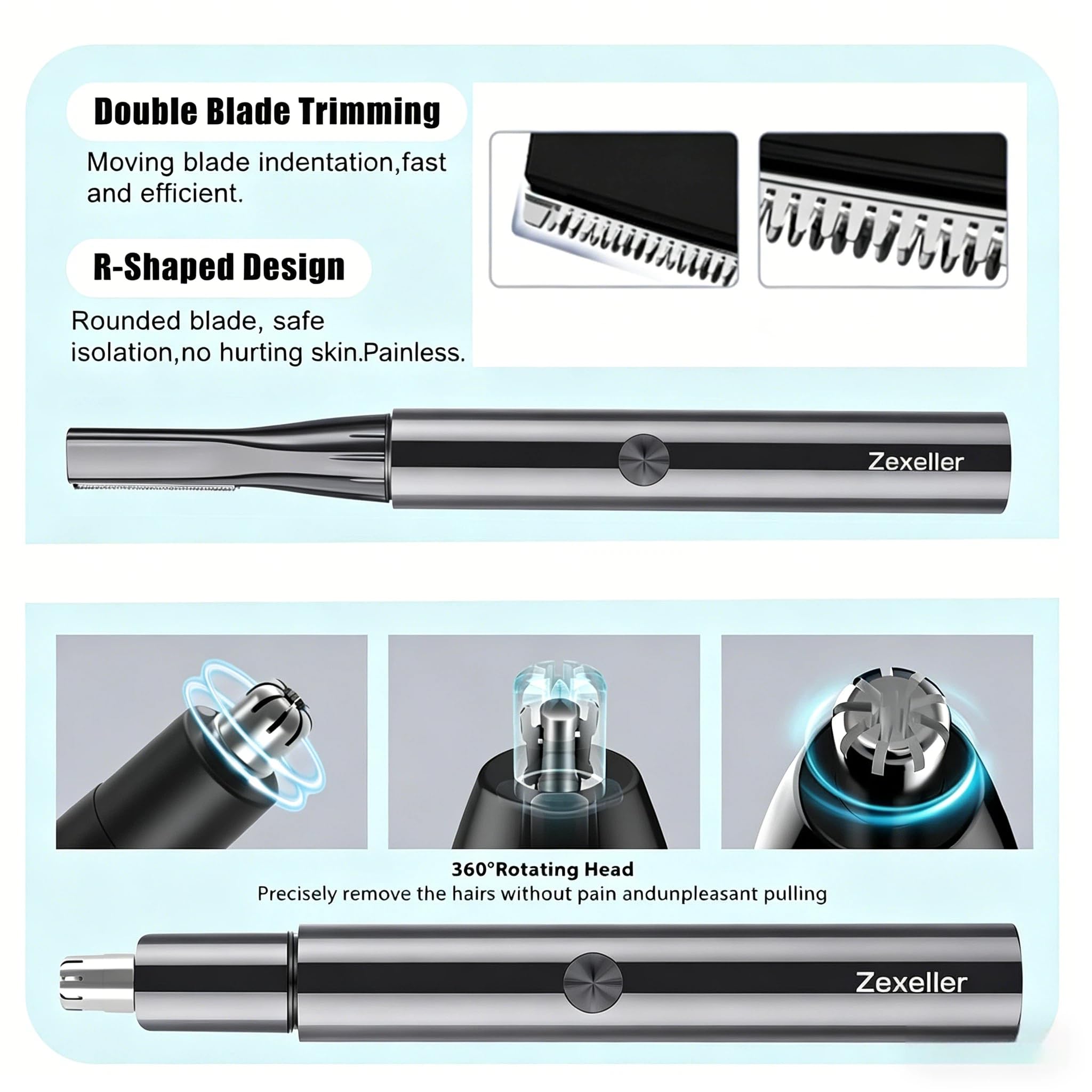 ZEXELLER trimmer held in hand showing size and ergonomic grip benefit