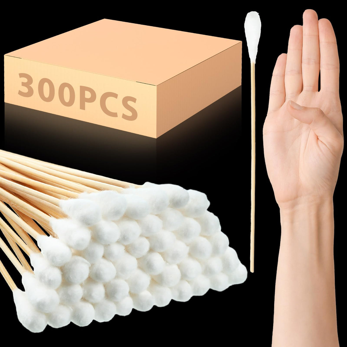 Zhehao front packaging showing 300-piece bamboo swabs and long cotton tips for value