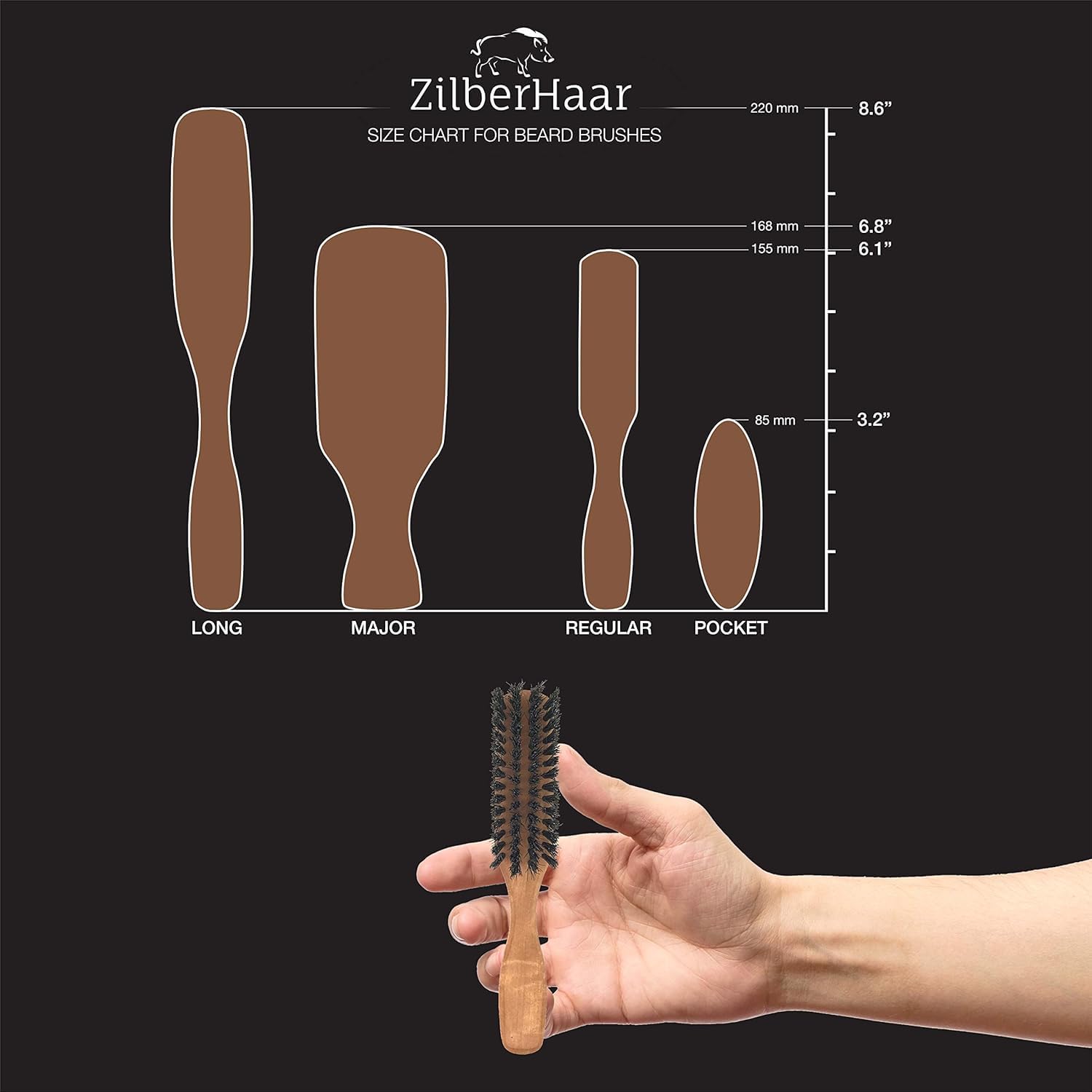ZilberHaar brush held in hand showing size and travel-ready convenience