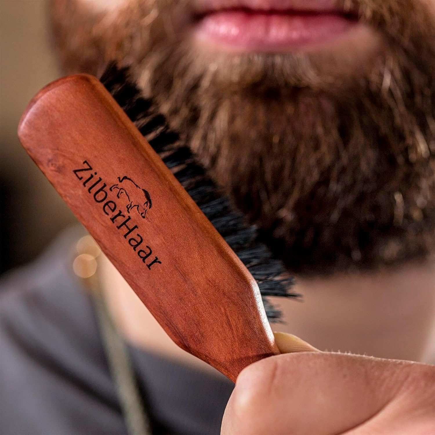 ZilberHaar brush in use styling beard to create a polished finish