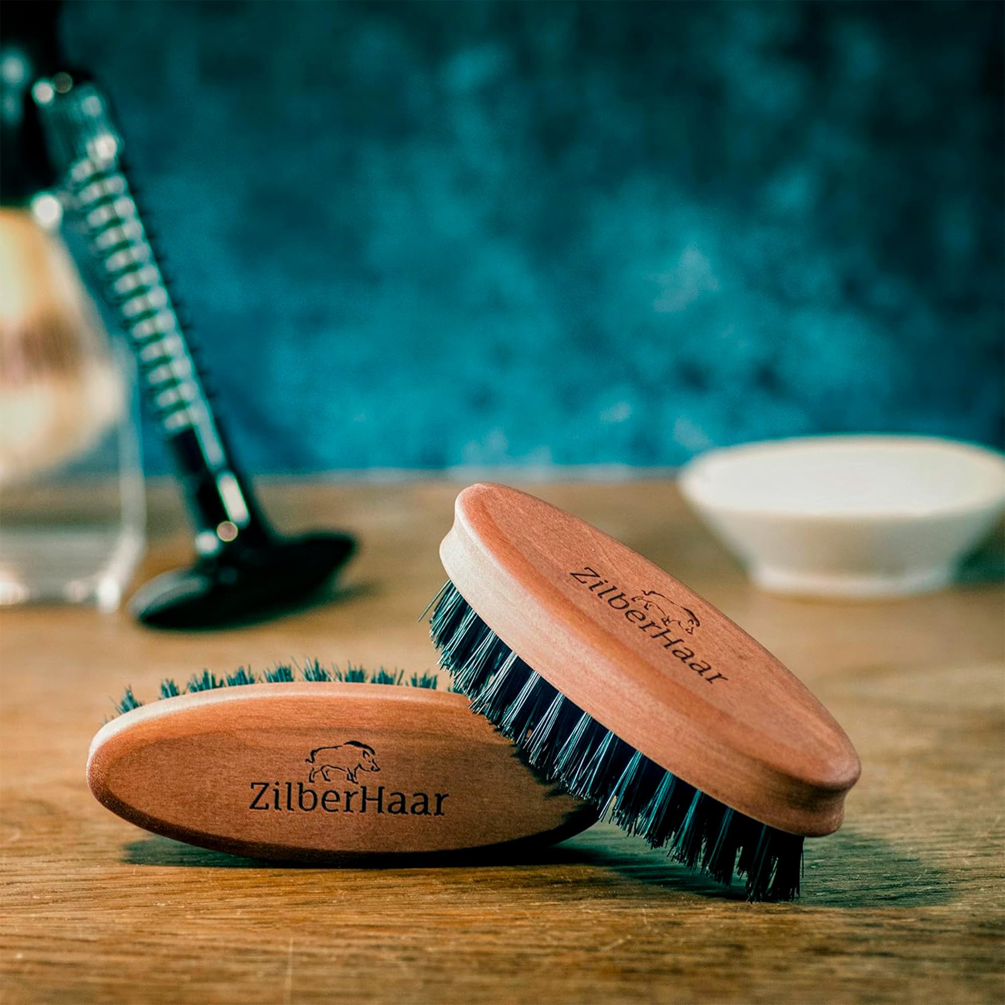 ZilberHaar brush next to beard oil to show even product distribution