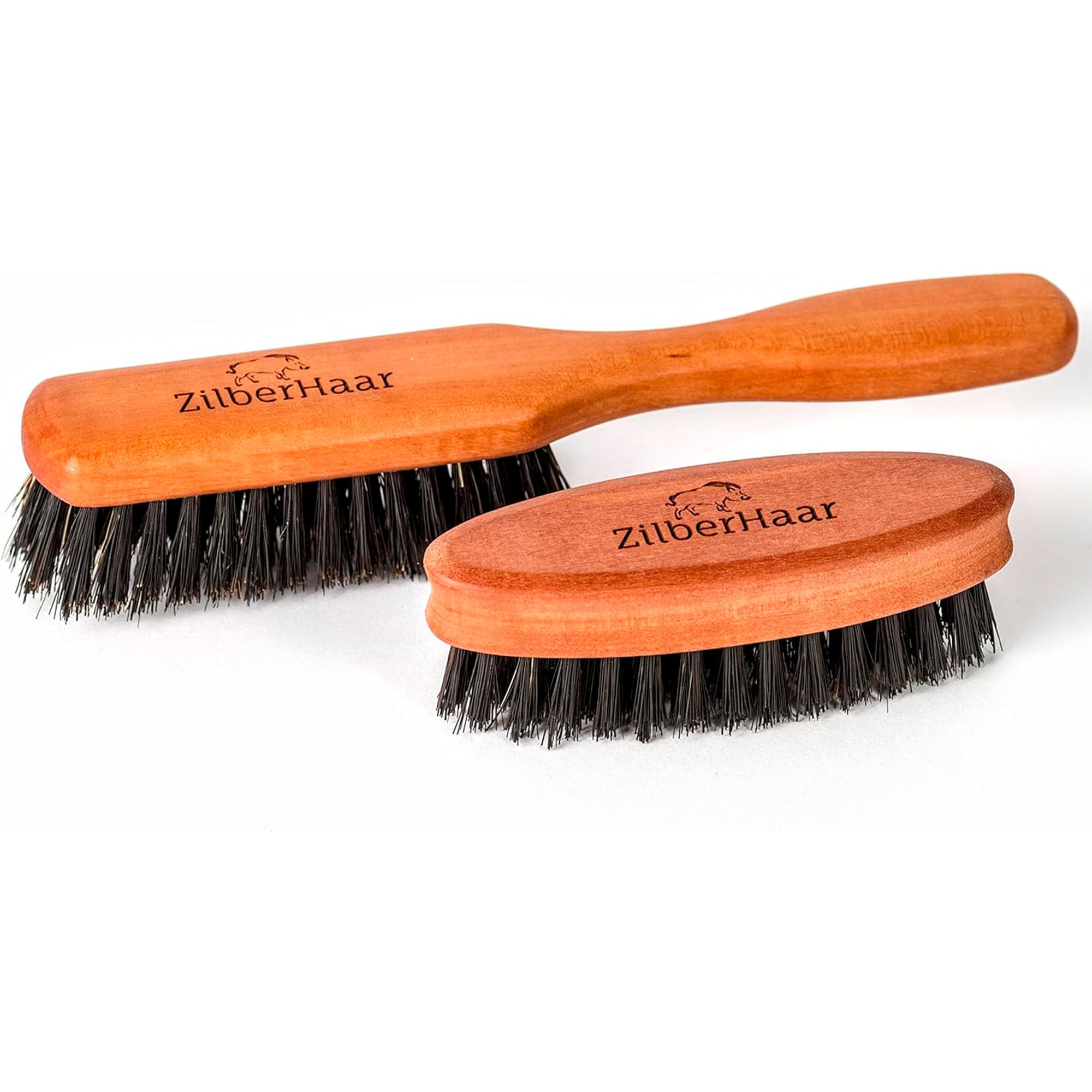 ZilberHaar brush styling a mustache for neat, defined facial hair