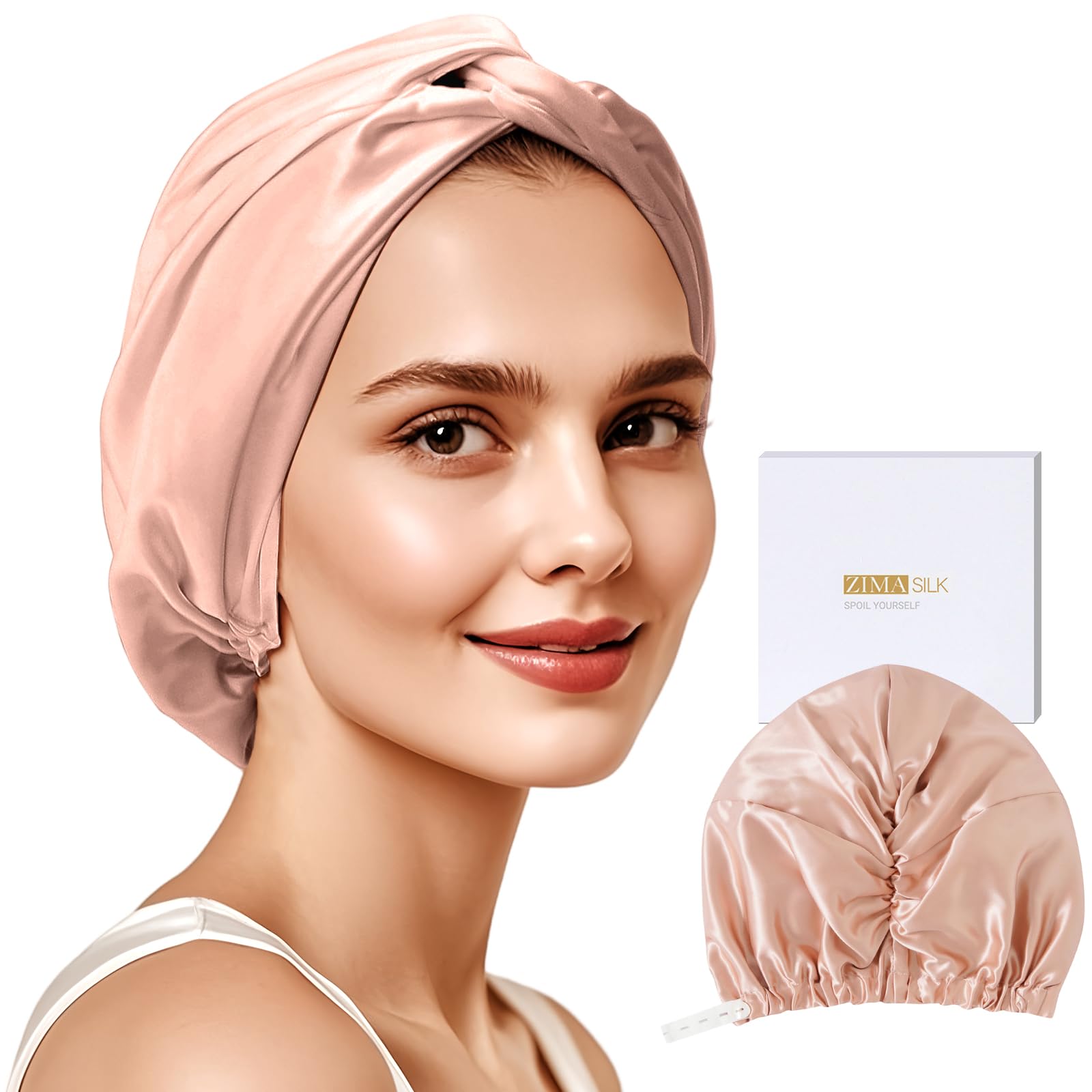 ZIMASILK bonnet front view showing blush pink satin finish and protective benefits