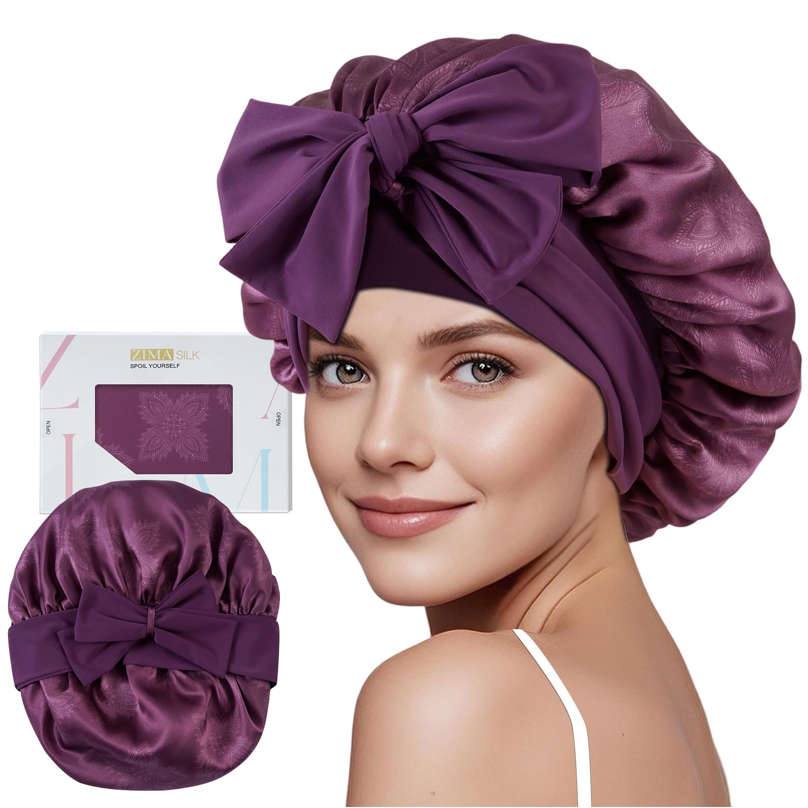 ZIMASILK bonnet front packaging shows elegant dark mauve and protective design