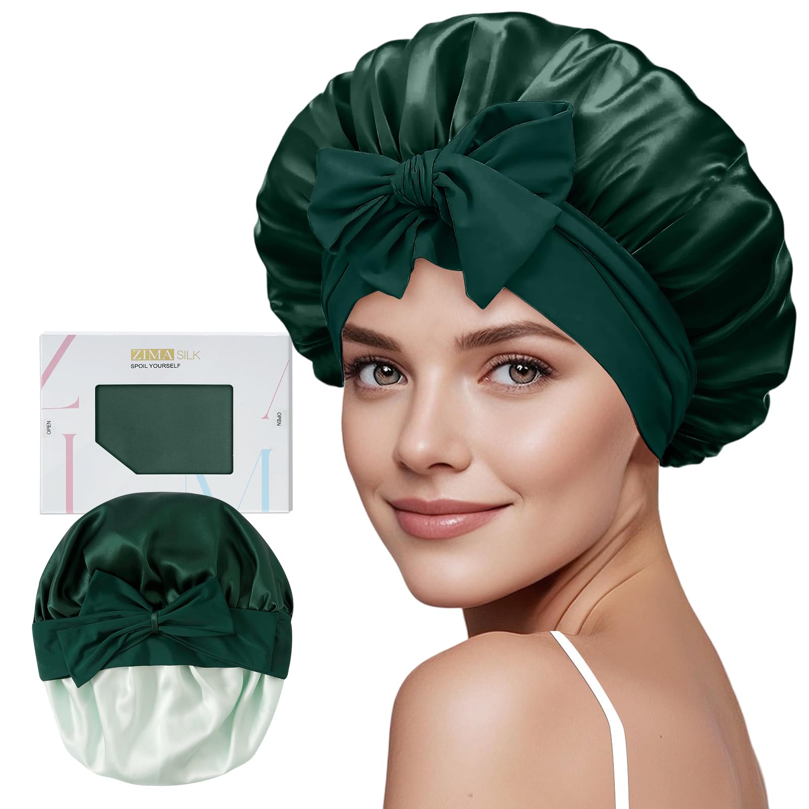 ZIMASILK bonnet front view in blackish green showing elegant fit and protection