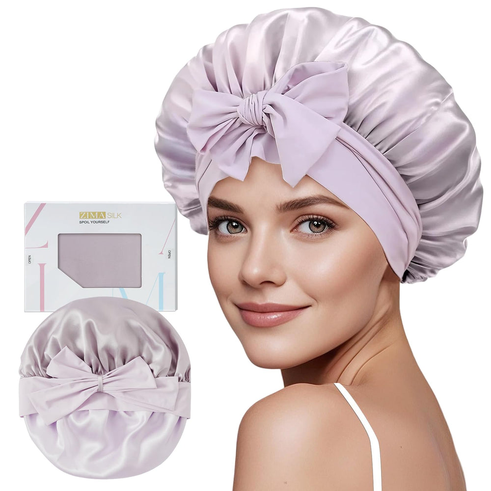 ZIMASILK purple bonnet front view showing elegant shape and protective coverage