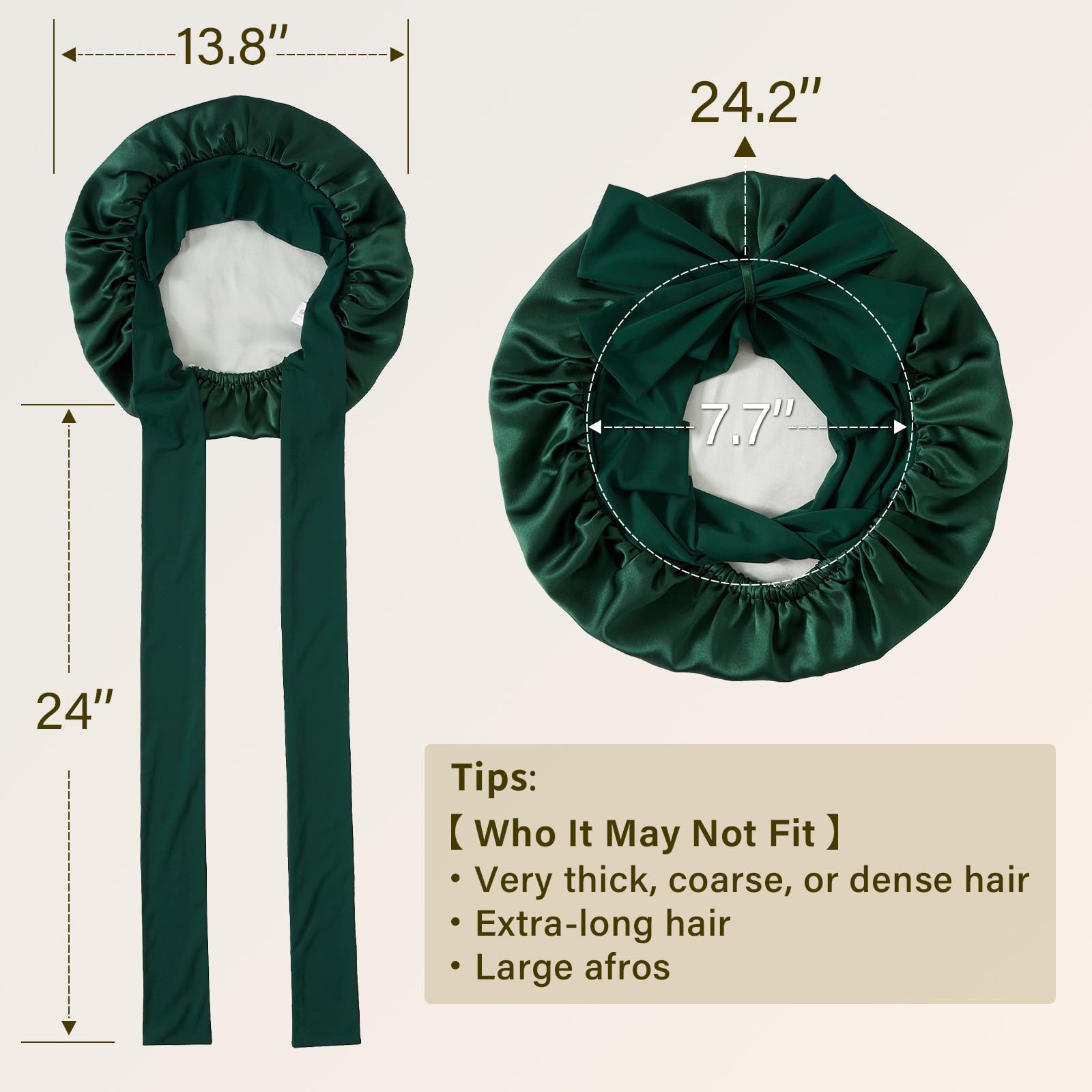 ZIMASILK size comparison with hand demonstrating roomy volume for long hair