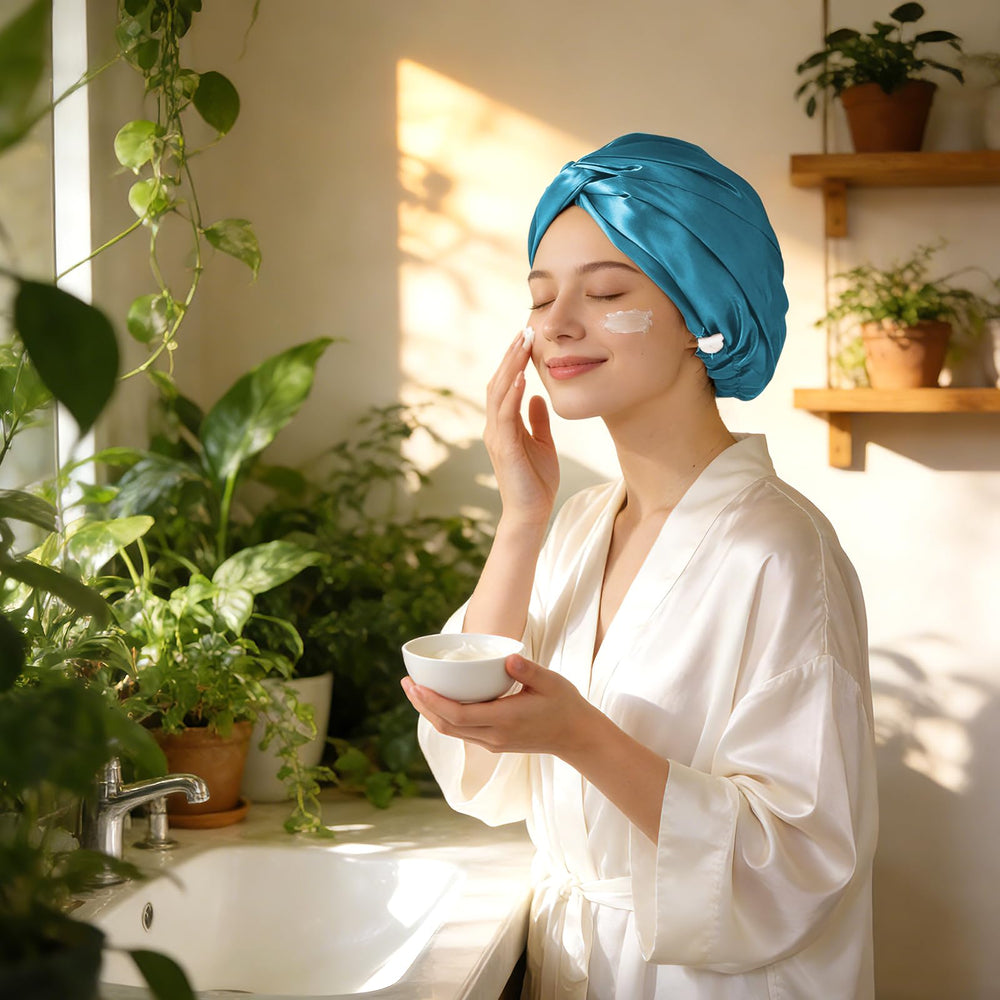 ZIMASILK flat-lay of bonnet styled with pillow showing nighttime use