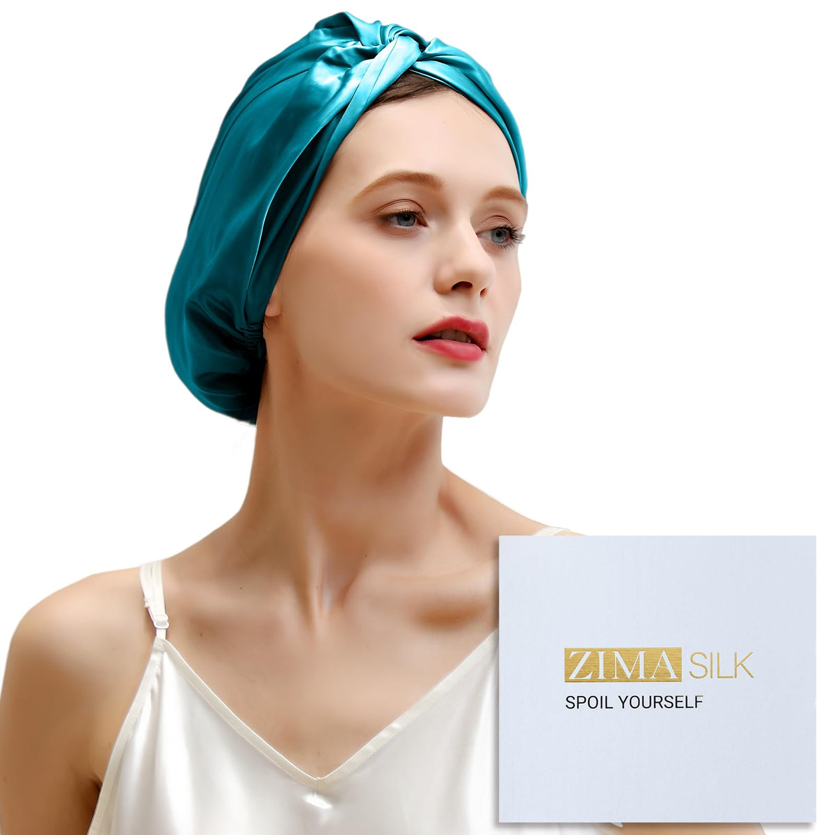 ZIMASILK turquoise bonnet front view showing smooth silk finish and comfort