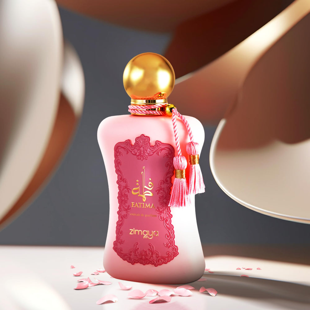 zimaya Fatima Pink on vanity with flowers indicating floral-woody scent appeal benefit
