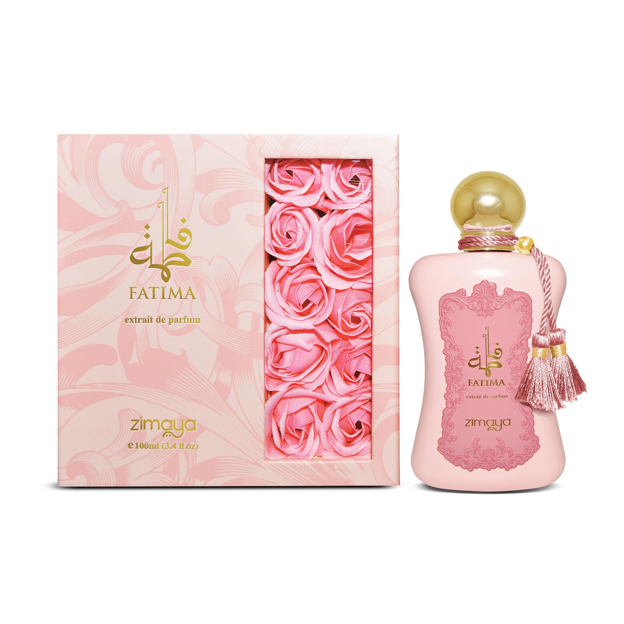 zimaya Fatima Pink side label close-up highlighting Afnan design information and authenticity