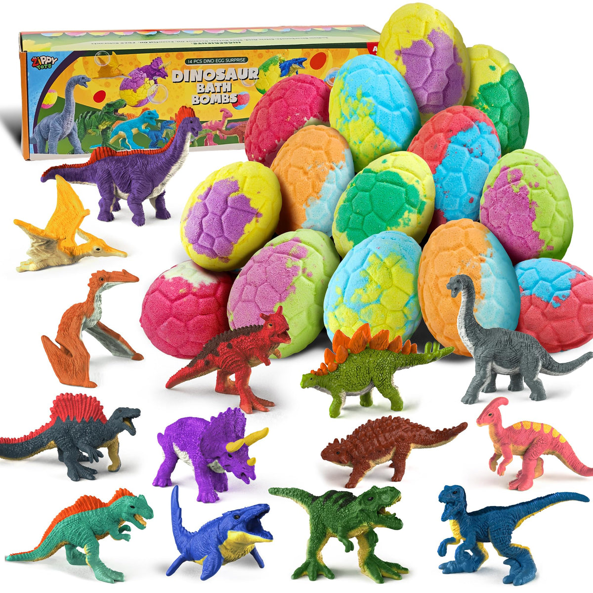 Zippytots front packaging showing colorful dinosaur egg set and gift-ready box