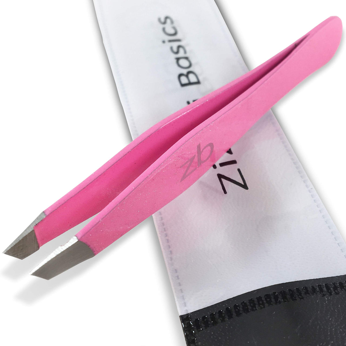 Zizzili Basics tweezers front view with pouch showing portable protection
