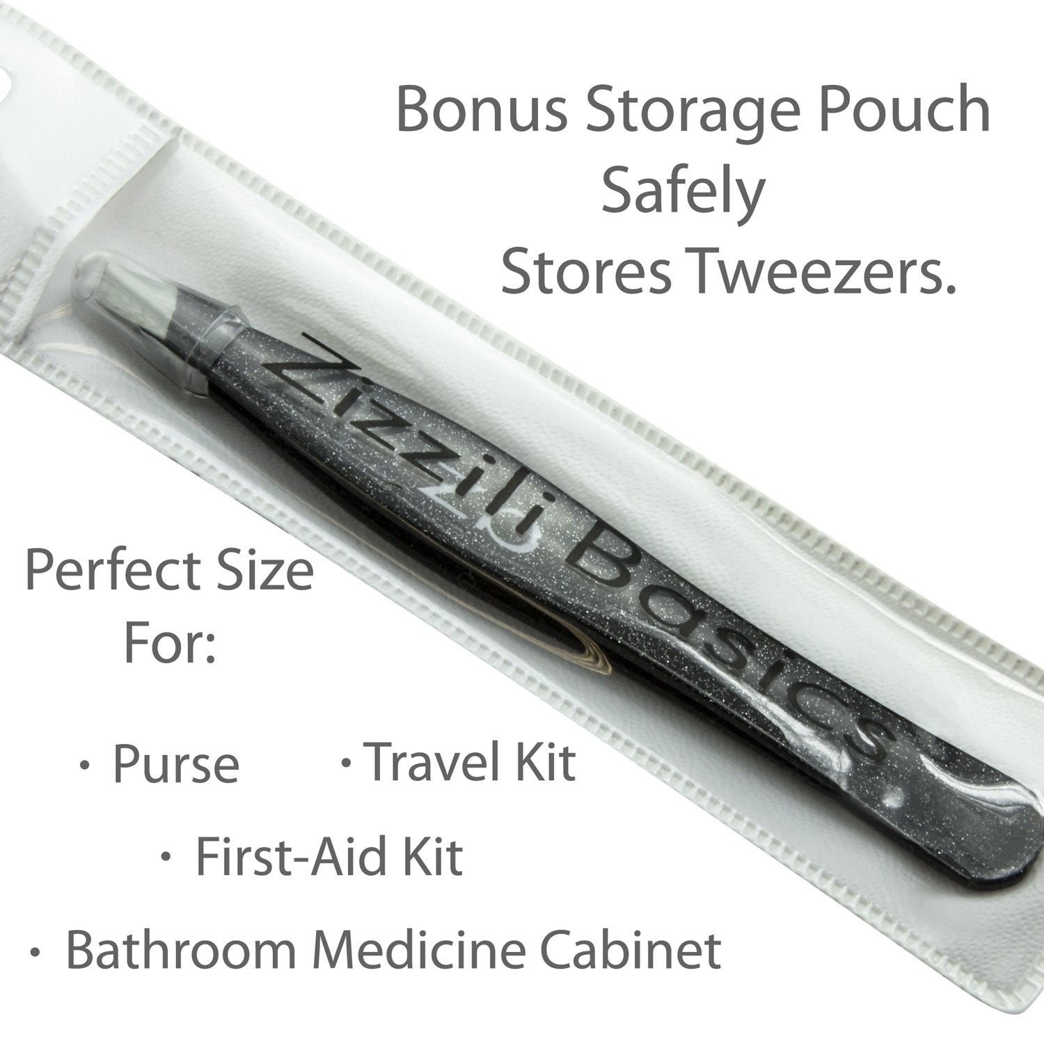 Zizzili Basics tweezers with visible label and material callout conveying surgical-grade quality