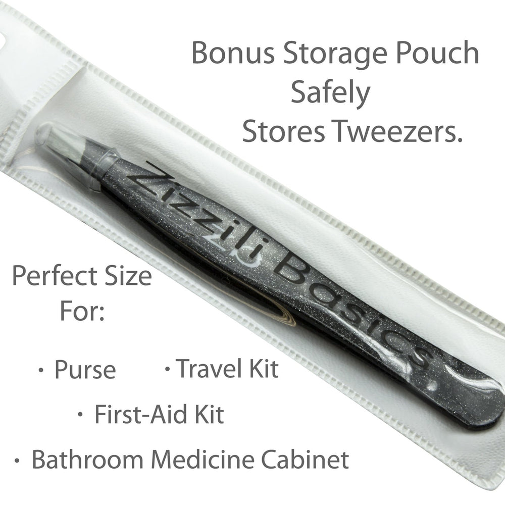 Zizzili Basics tweezers with visible label and material callout conveying surgical-grade quality