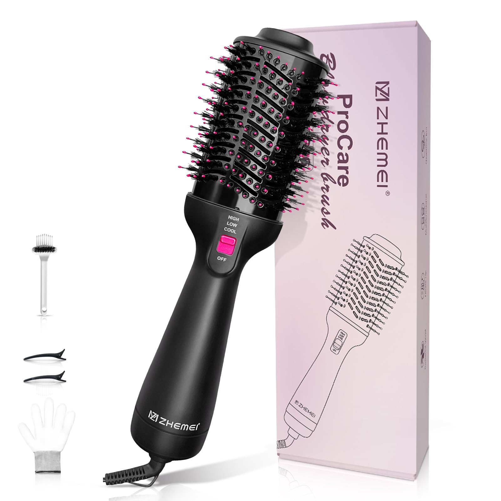 ZM ZHEMEI front view of hot air brush showing compact design and quick drying