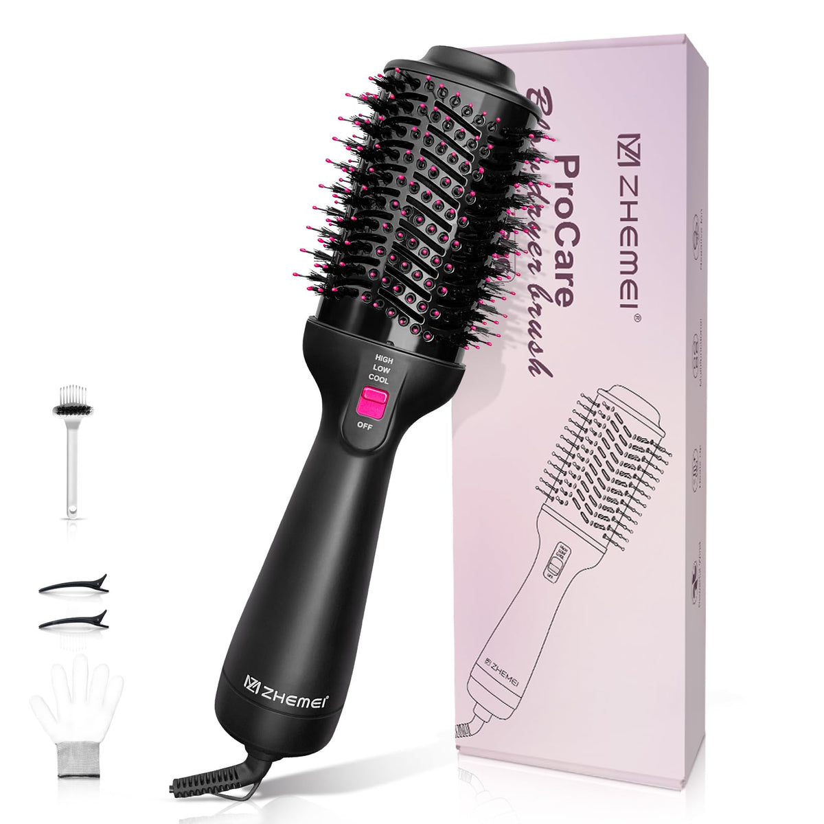 ZM ZHEMEI front view of hot air brush showing compact design and quick drying