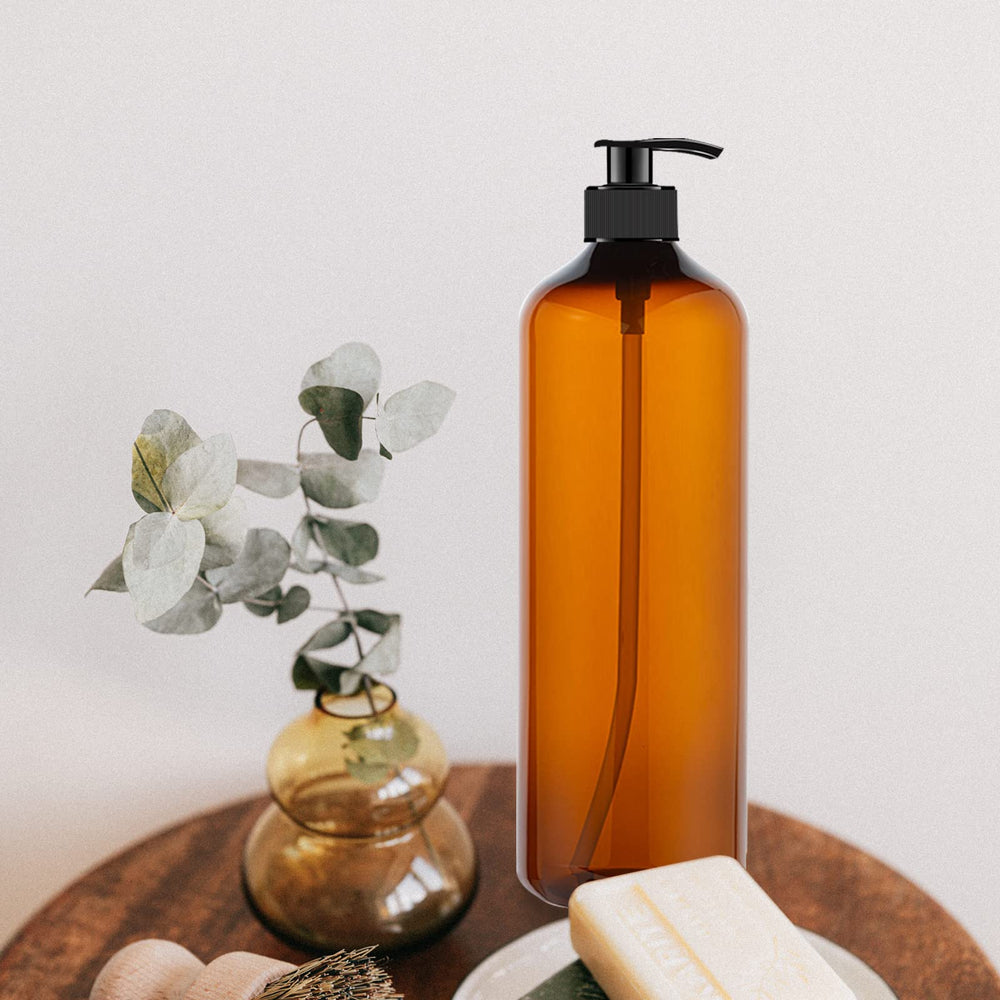 zmybcpack amber bottles styled in bathroom for neat, professional look