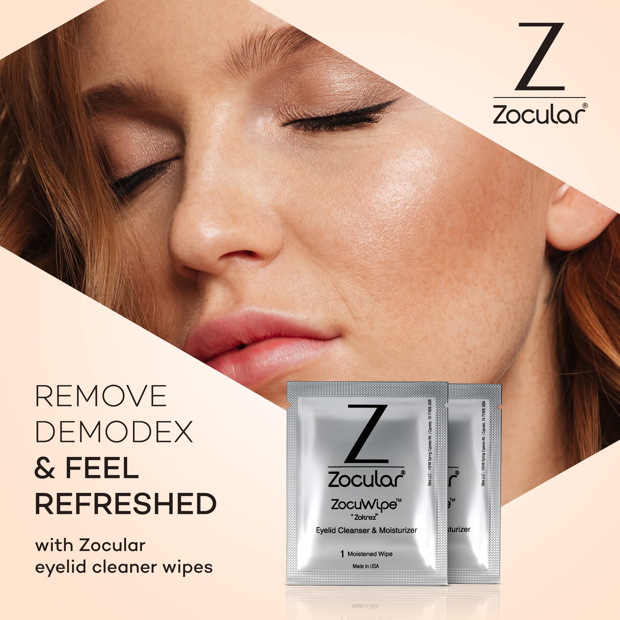 Zocular open pouch with a single wipe pulled out, demonstrates quick one-step use benefit