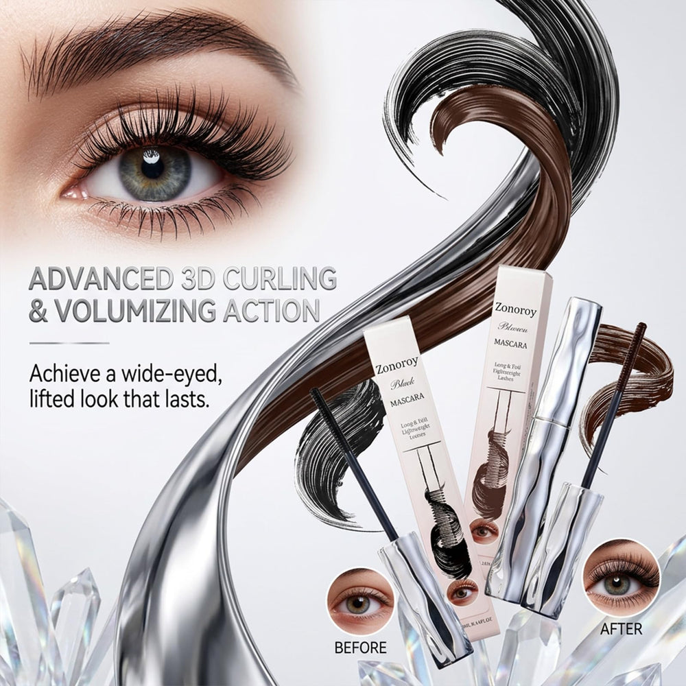 Zonoroy mascara on lashes demonstrating lifted curl and added volume