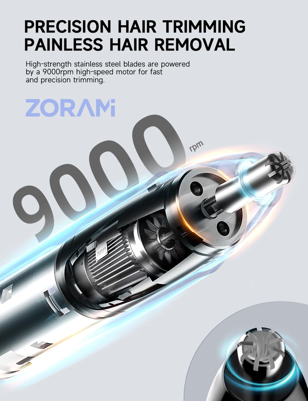 ZORAMI next to a hand to show compact size and travel convenience