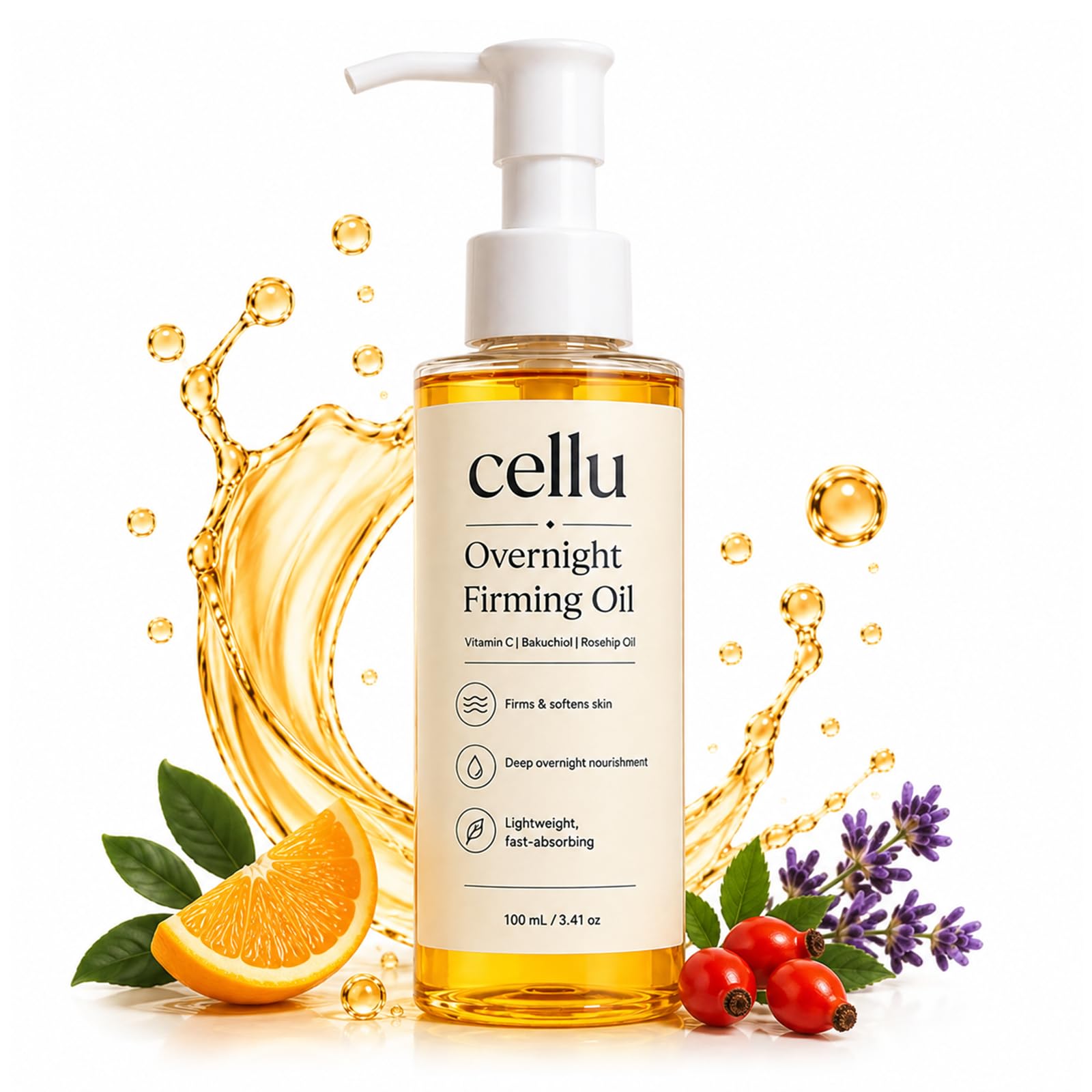 Zorveth Cellu front bottle shows packaging and firming oil benefits