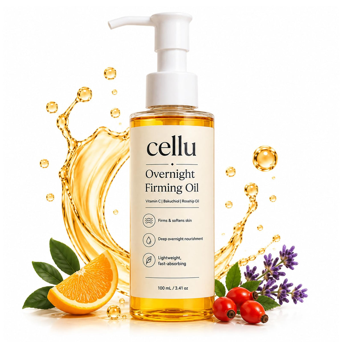 Zorveth Cellu front bottle shows packaging and firming oil benefits