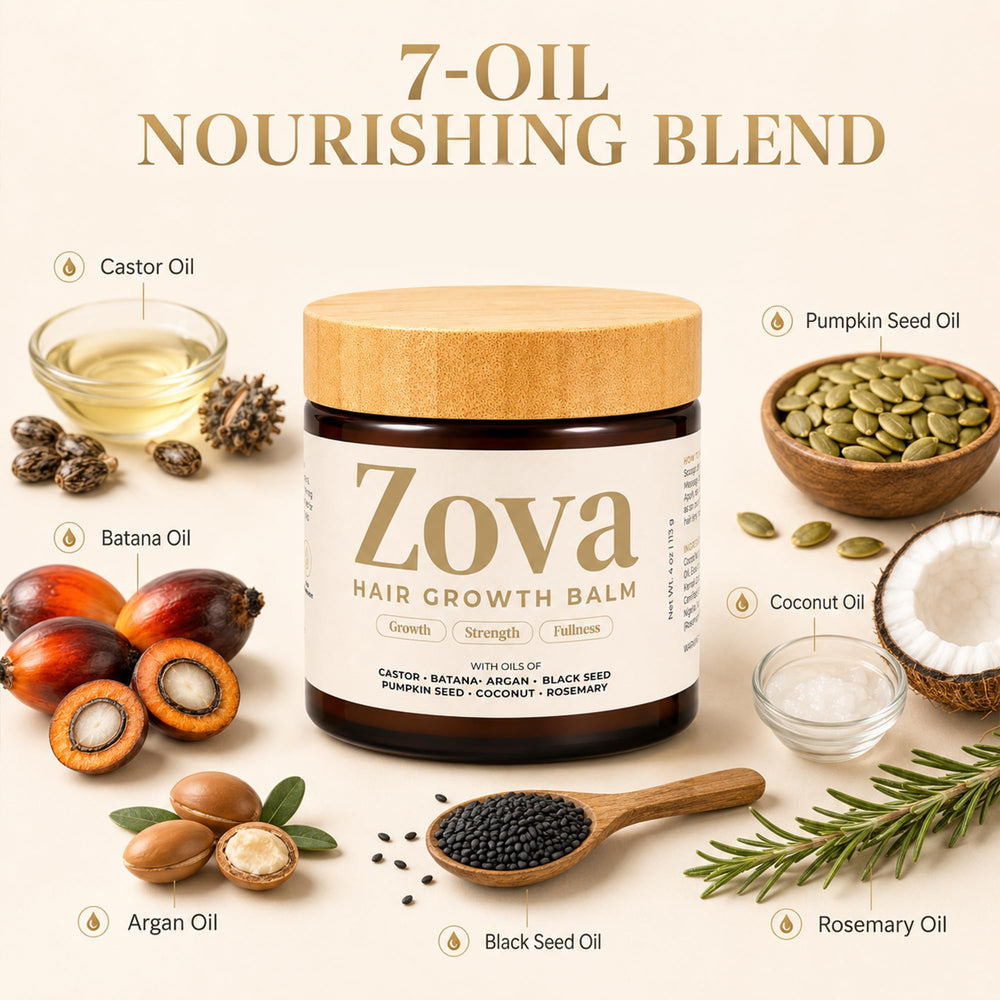 Zova Growth balm smoothing edges for sleek styles and frizz control benefit