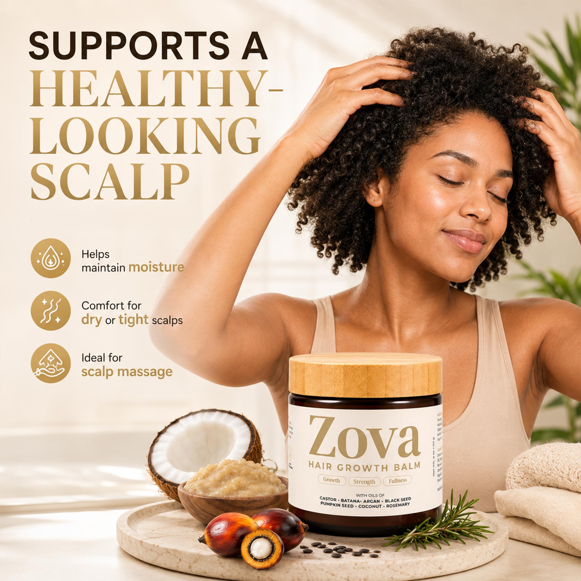 Zova Growth oils lineup showing batana castor argan benefits for conditioning