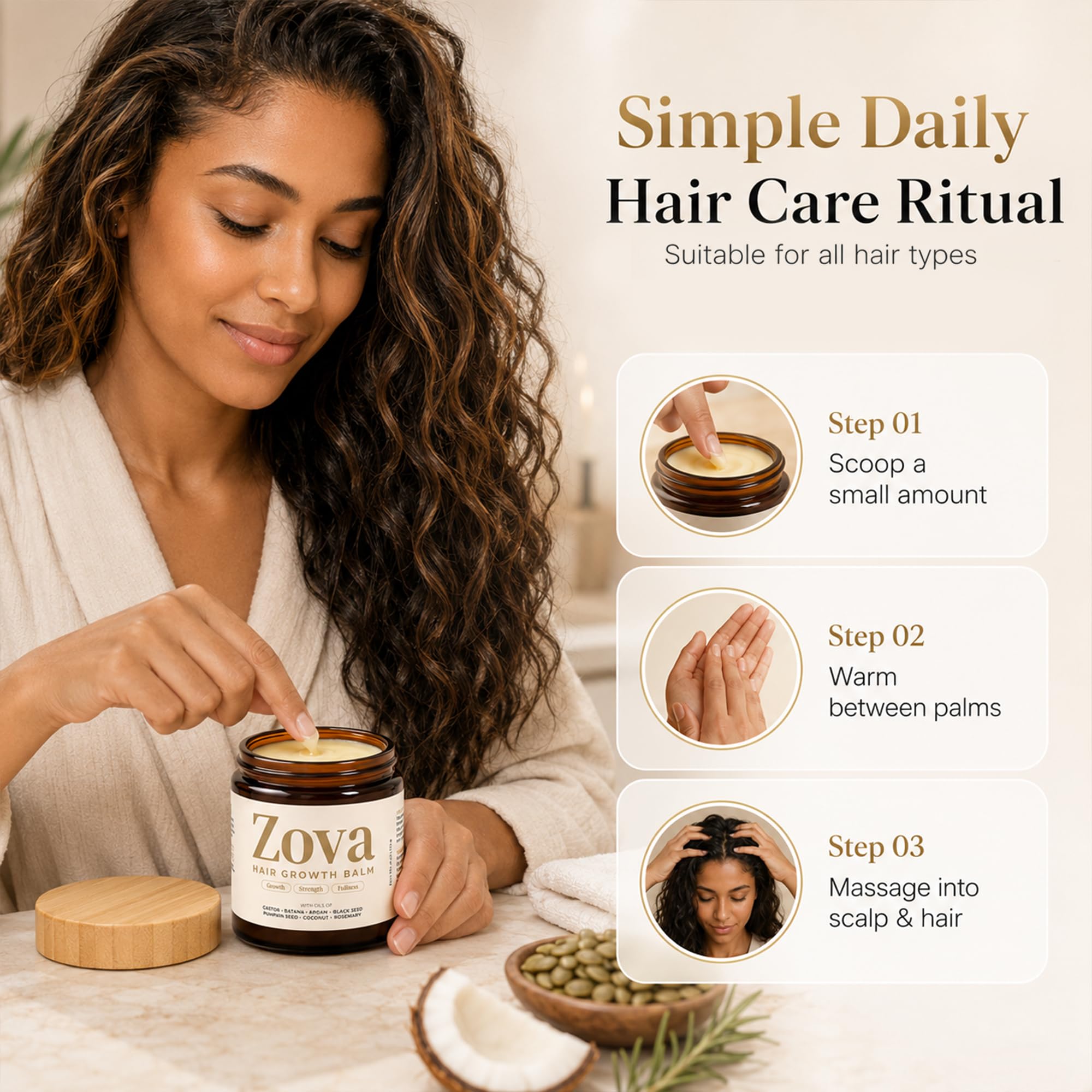 Zova Growth jar on bath shelf in lifestyle scene promoting daily ritual benefit