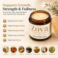 Zova Growth melted balm texture between fingers for easy absorption benefit