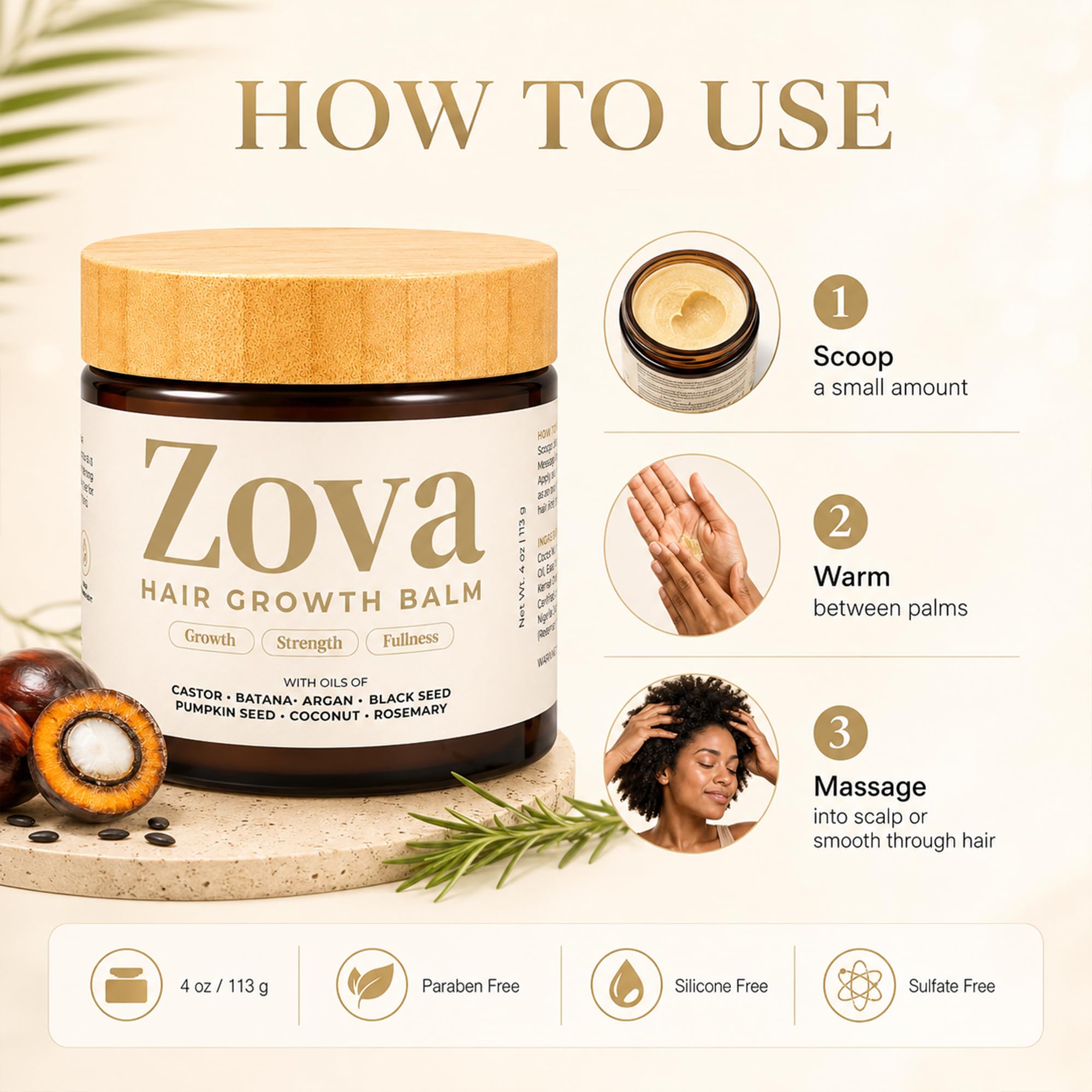 Zova Growth jar in hand showing 4 oz scale for travel-friendly convenience