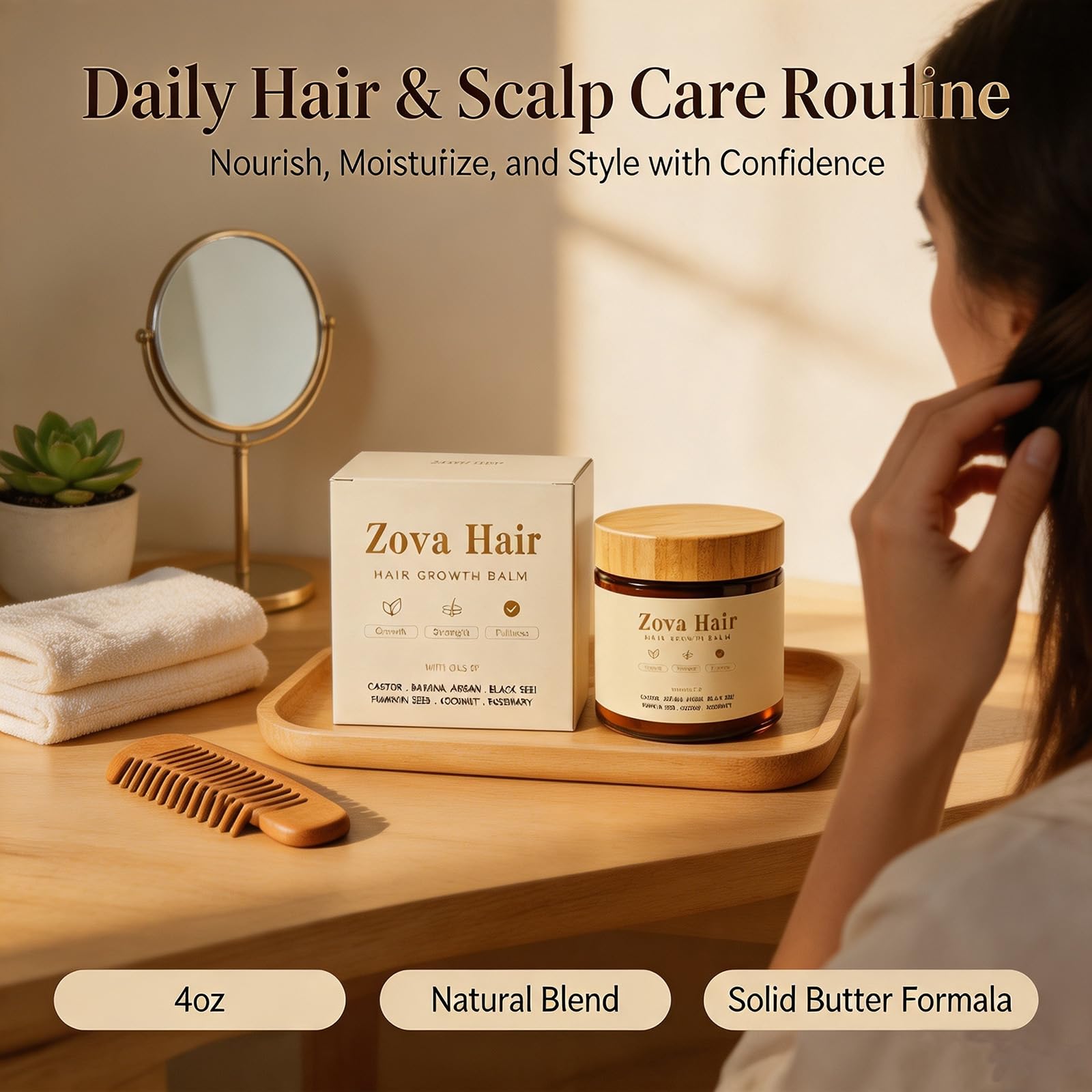 Zova Hair on a bathroom shelf in lifestyle scene portraying daily routine integration