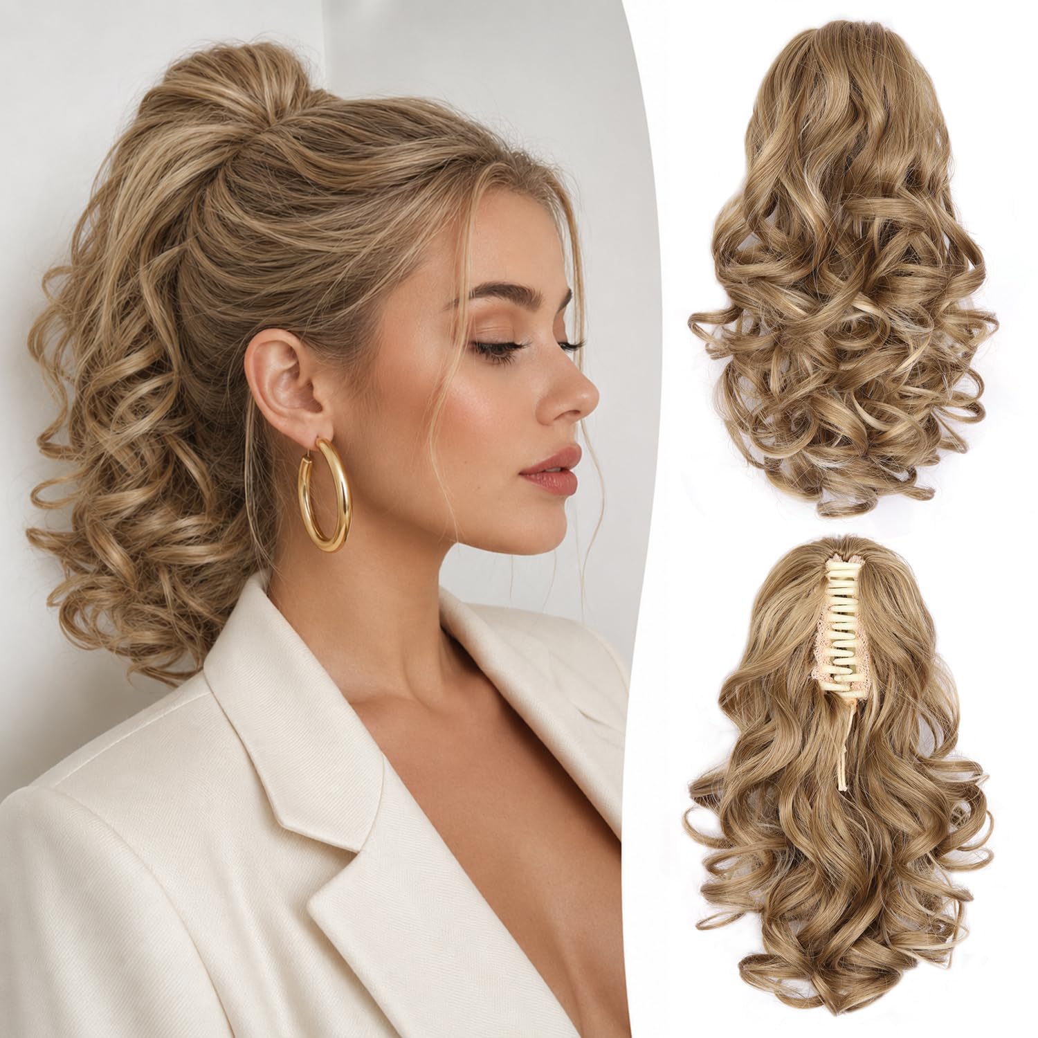 ZQIAN BEAUTY front view of packaged dark blonde ponytail extension showing length benefit
