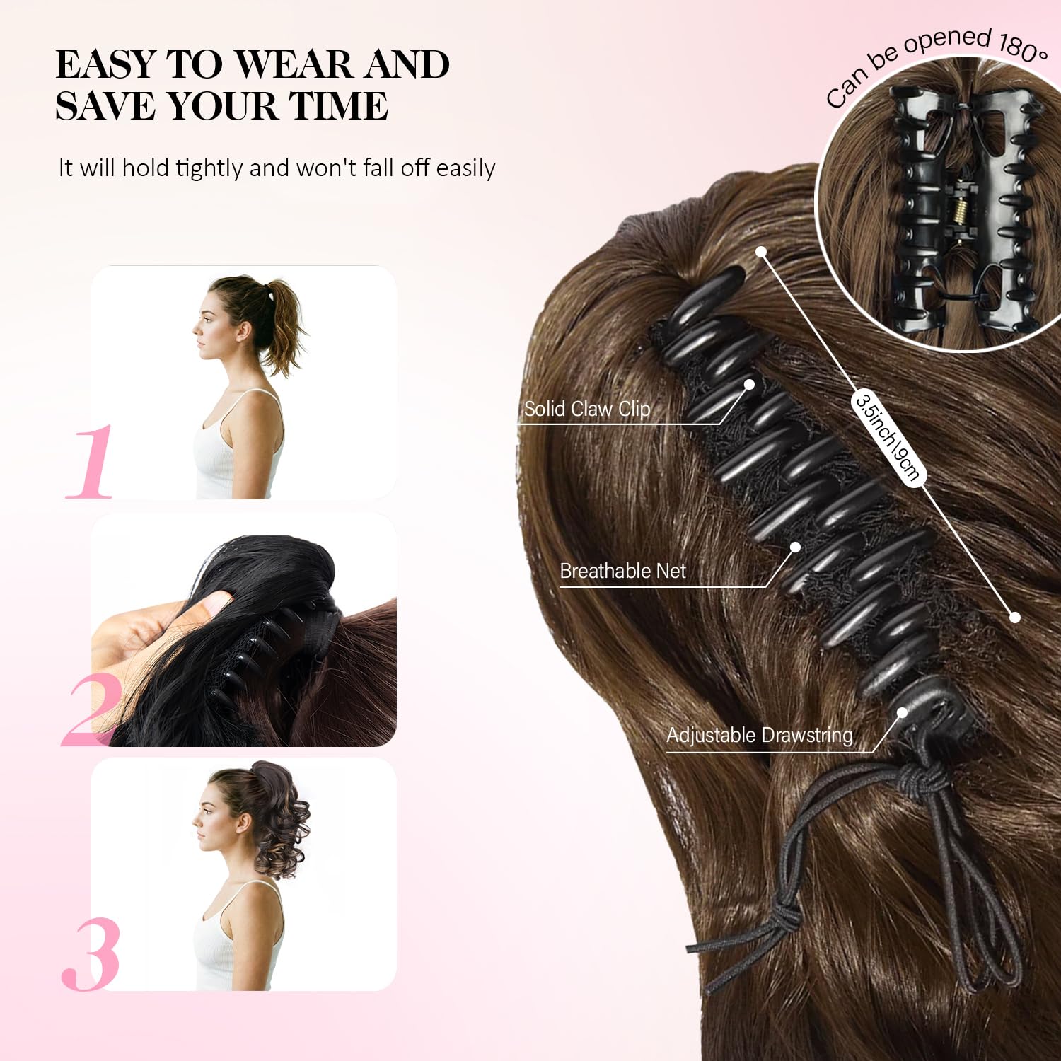 ZQIAN BEAUTY worn low ponytail in use adding length and bouncy waves for a polished look