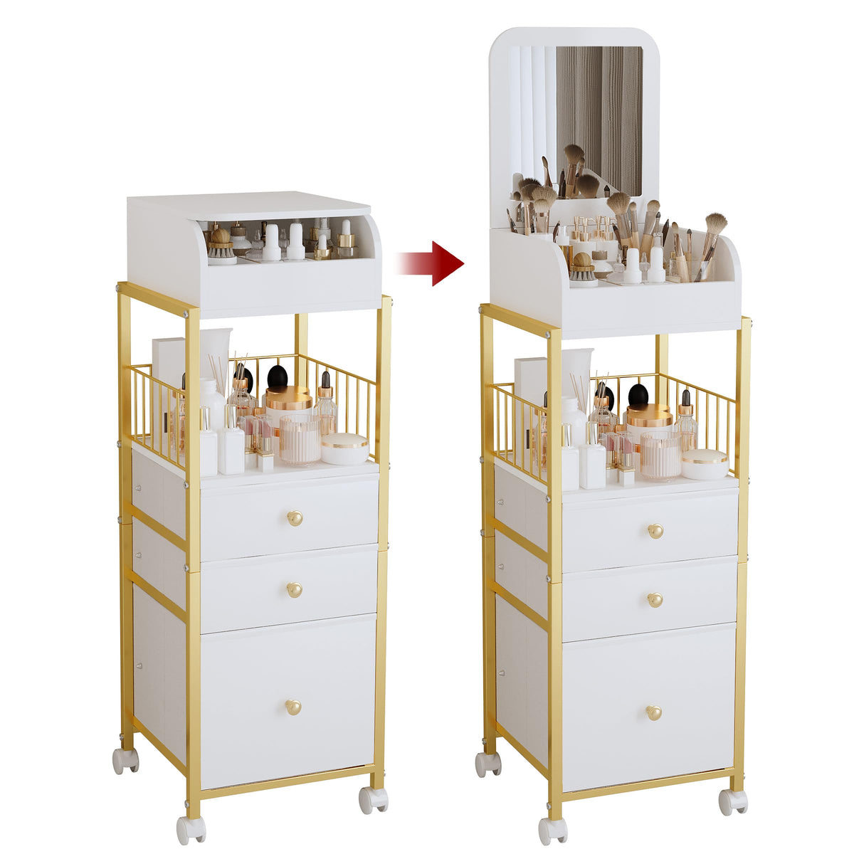 ZQUYAJ front view of mobile vanity showing drawers and mirror for organized storage