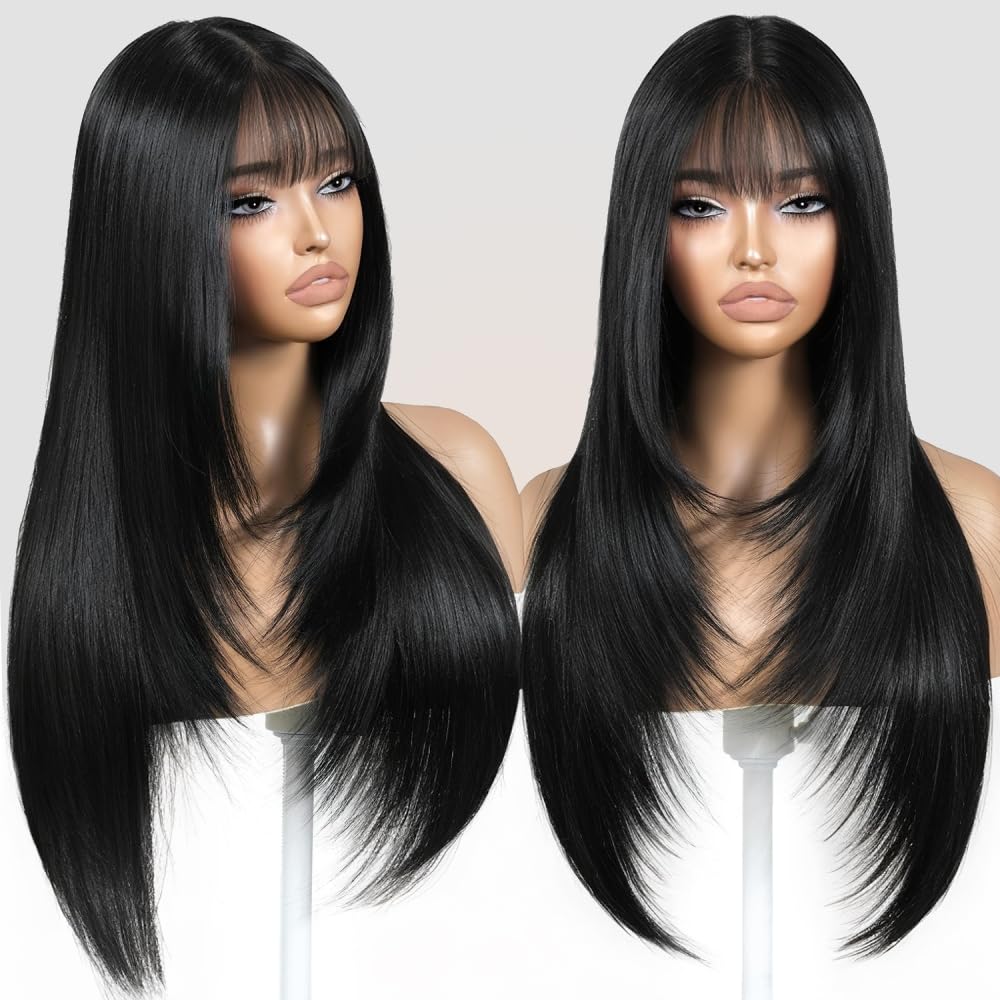 ZRLK front view showing layered black wig and flattering bangs for instant style