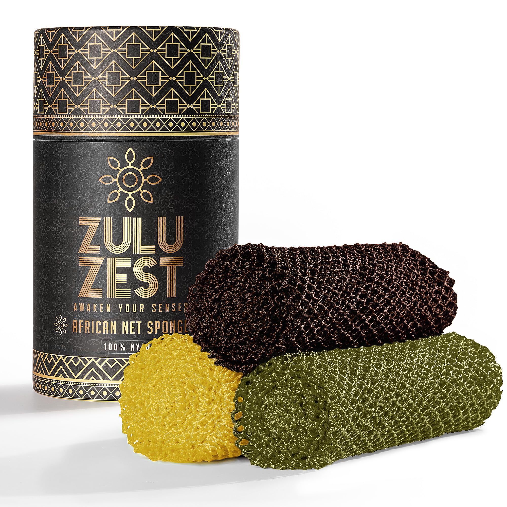 ZULU ZEST front-packaging showing three colored net sponges and benefits